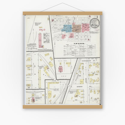 Old map wall art mockup — magnetic wood frame on white wall — Sanborn Fire Insurance Map from Mattoon, Coles County, Illinois (1887) - Complete Map Set