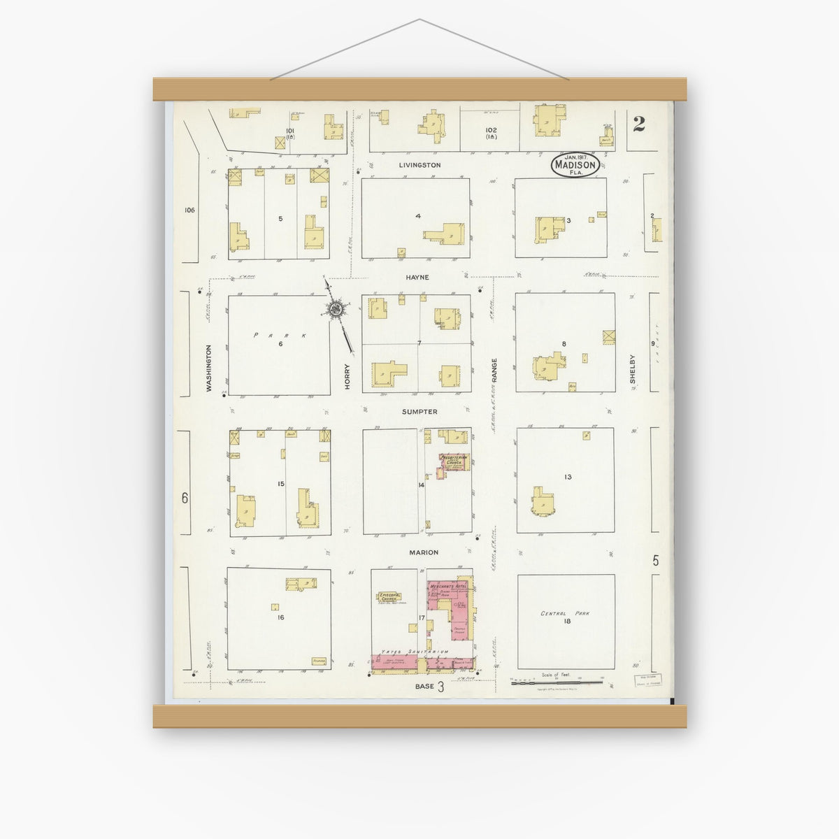 Old map wall art mockup — magnetic wood frame on white wall — Sanborn Fire Insurance Map from Madison, Madison County, Florida (1917), Sheet #0002