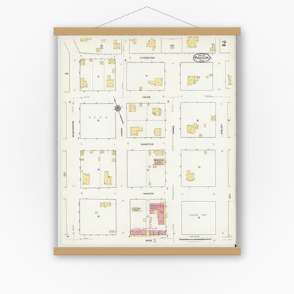 Old map wall art mockup — magnetic wood frame on white wall — Sanborn Fire Insurance Map from Madison, Madison County, Florida (1917), Sheet #0002