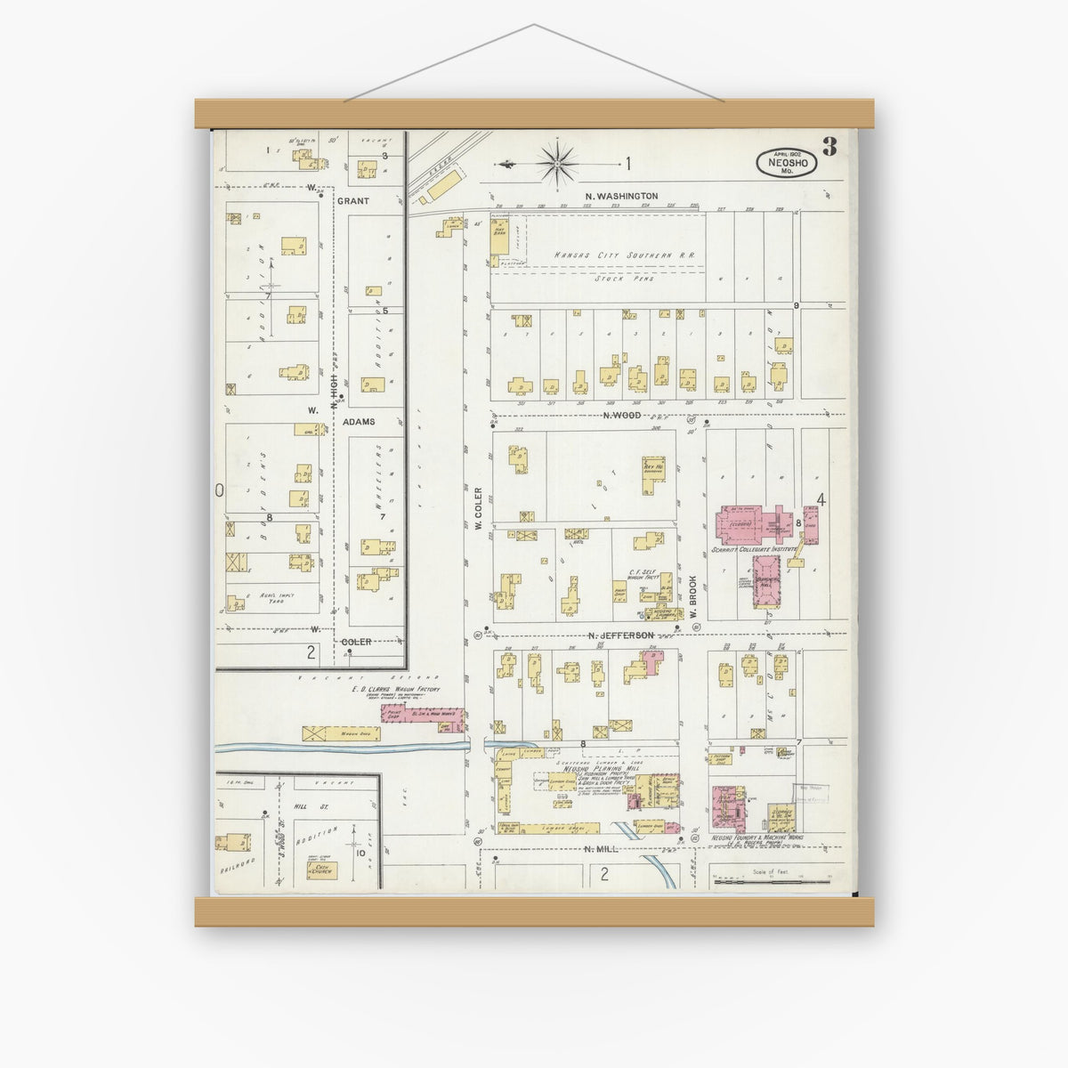 Old map wall art mockup — magnetic wood frame on white wall — Sanborn Fire Insurance Map from Neosho, Newton County, Missouri (1902), Sheet #0003