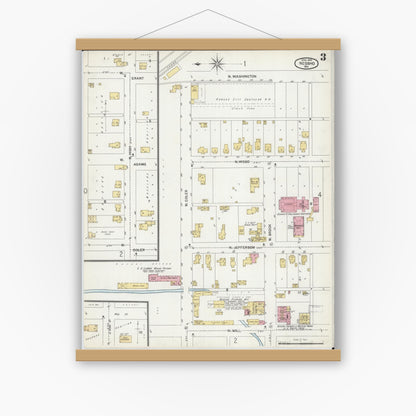 Old map wall art mockup — magnetic wood frame on white wall — Sanborn Fire Insurance Map from Neosho, Newton County, Missouri (1902), Sheet #0003