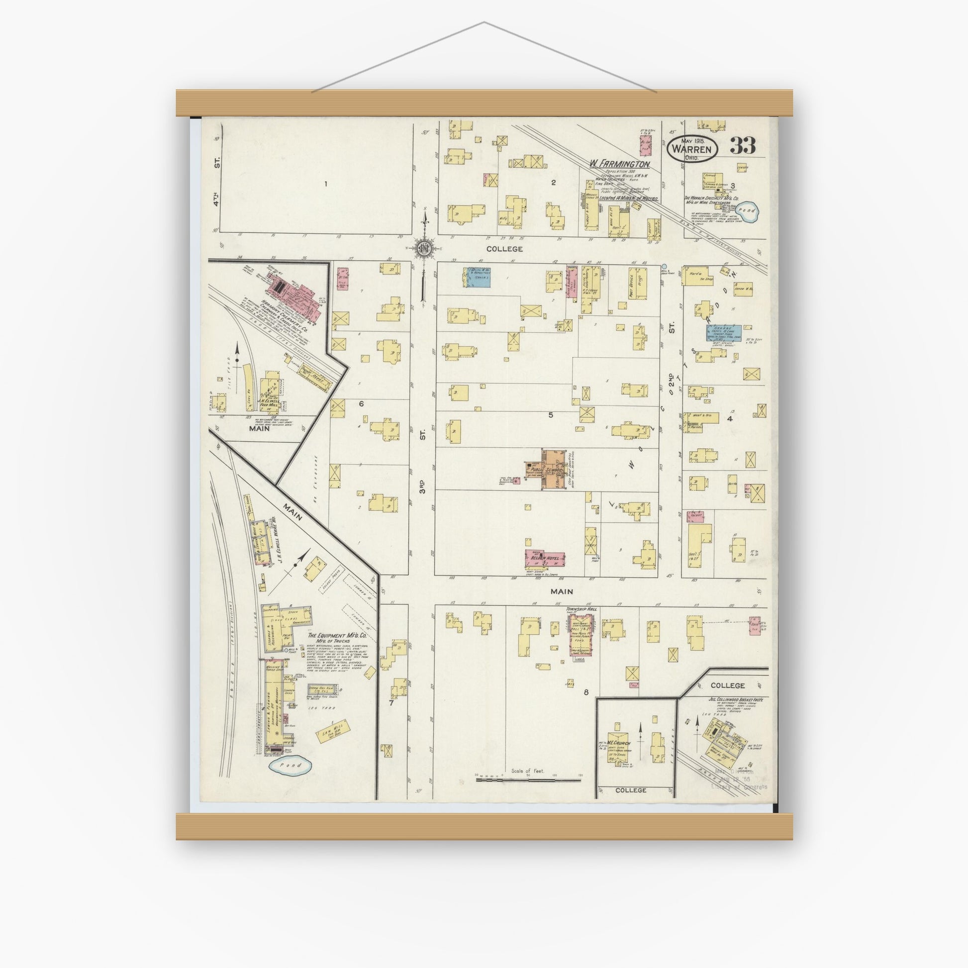 Old map wall art mockup — magnetic wood frame on white wall — Sanborn Fire Insurance Map from Warren, Trumbull County, Ohio (1915), Sheet #0033