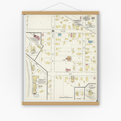 Old map wall art mockup — magnetic wood frame on white wall — Sanborn Fire Insurance Map from Warren, Trumbull County, Ohio (1915), Sheet #0033