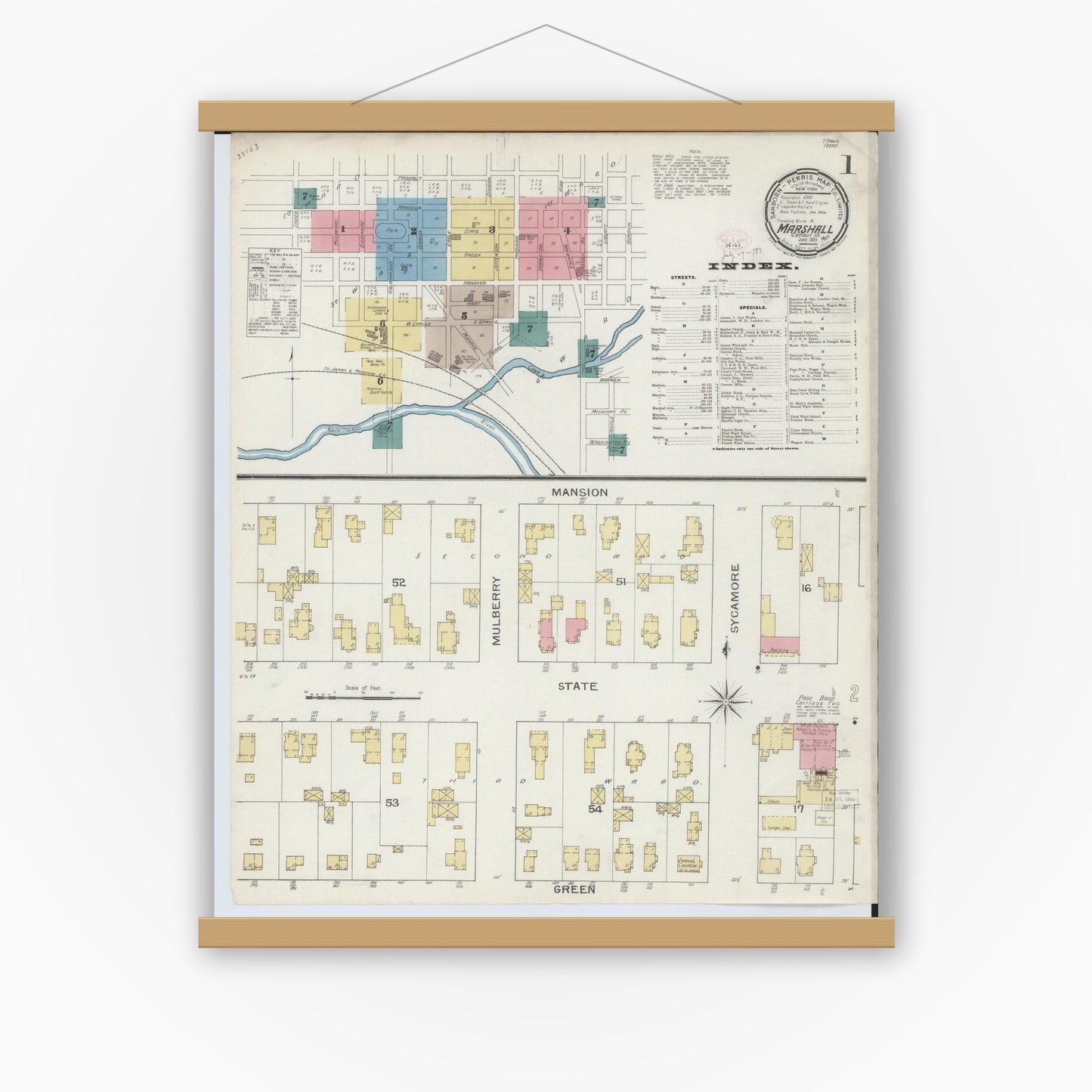 Old map wall art mockup — magnetic wood frame on white wall — Sanborn Fire Insurance Map from Marshall, Calhoun County, Michigan (1893) - Complete Map Set