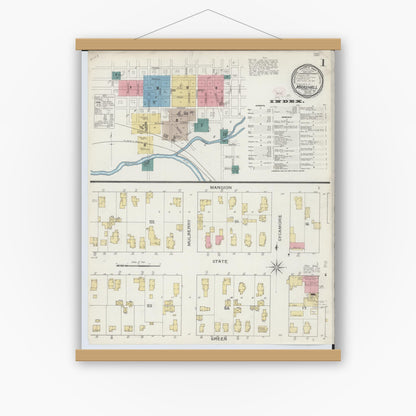Old map wall art mockup — magnetic wood frame on white wall — Sanborn Fire Insurance Map from Marshall, Calhoun County, Michigan (1893) - Complete Map Set