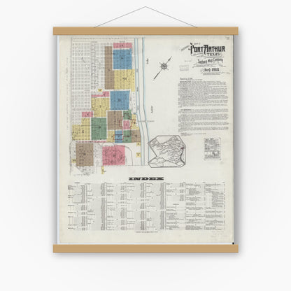 Old map wall art mockup — magnetic wood frame on white wall — Sanborn Fire Insurance Map from Port Arthur, Jefferson County, Texas (1918) - Complete Map Set