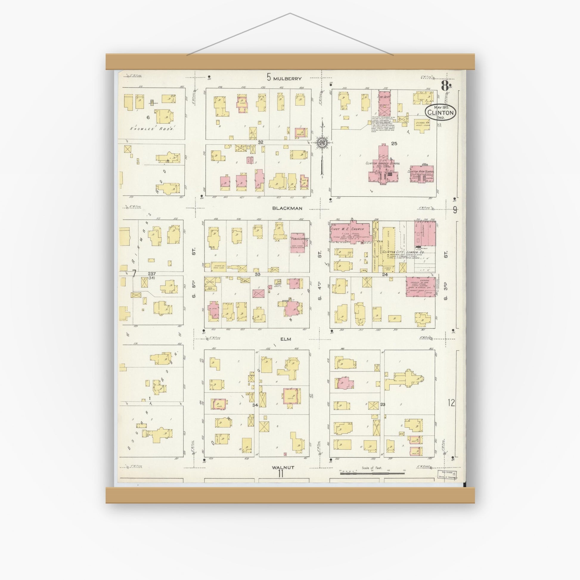Old map wall art mockup — magnetic wood frame on white wall — Sanborn Fire Insurance Map from Clinton, Vermillion County, Indiana (1915), Sheet #0008