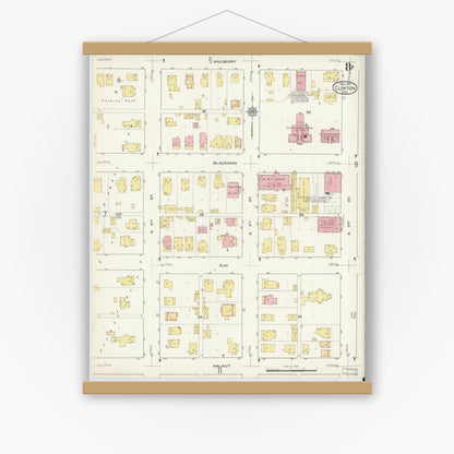 Old map wall art mockup — magnetic wood frame on white wall — Sanborn Fire Insurance Map from Clinton, Vermillion County, Indiana (1915), Sheet #0008