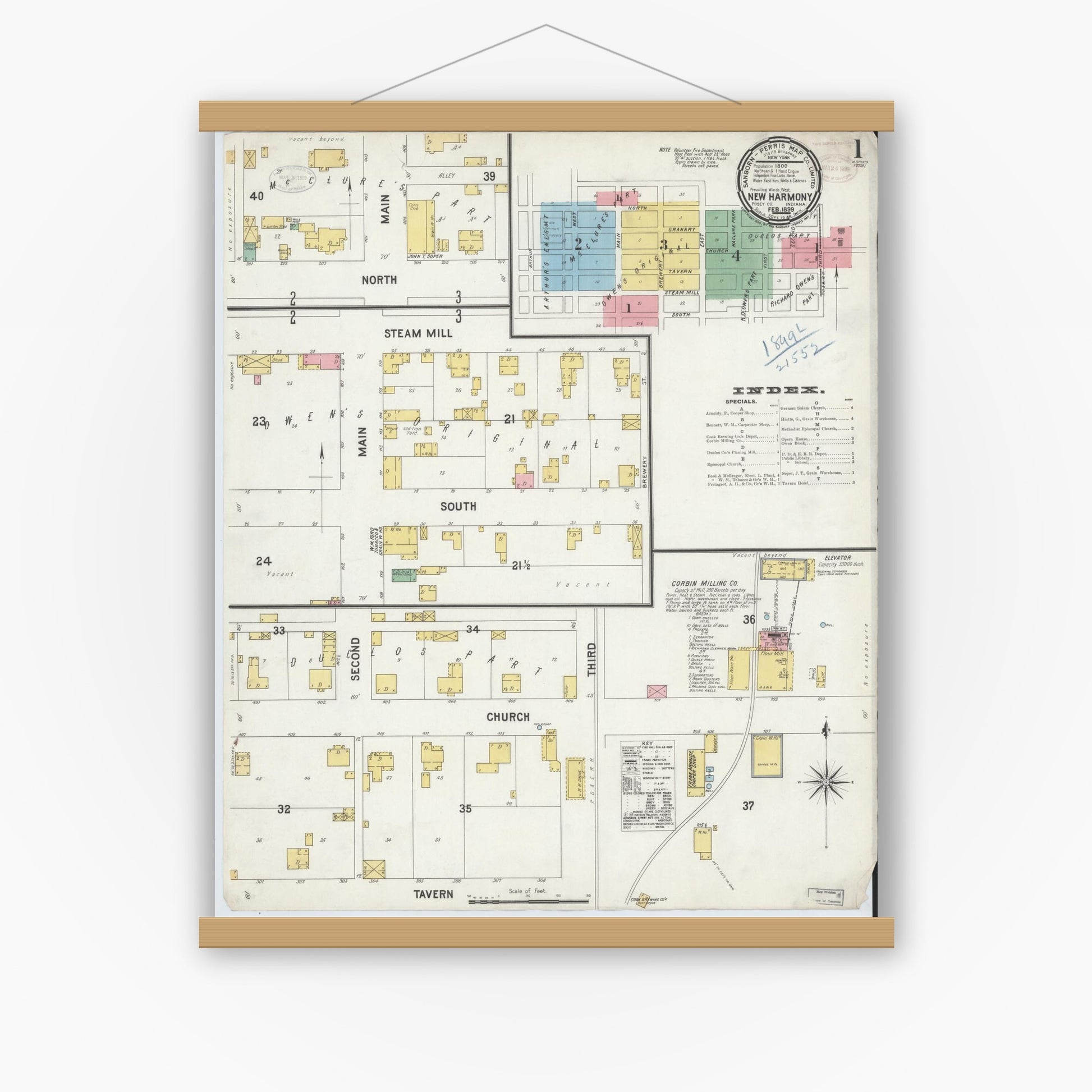 Old map wall art mockup — magnetic wood frame on white wall — Sanborn Fire Insurance Map from New Harmony, Posey County, Indiana (1899) - Complete Map Set