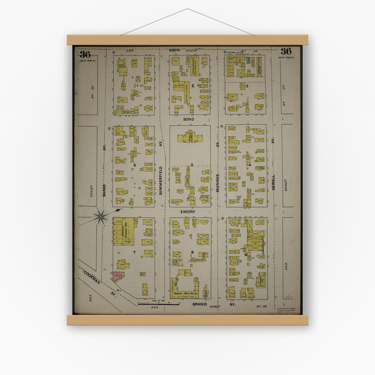 Old map wall art mockup — magnetic wood frame on white wall — Sanborn Fire Insurance Map from New Jersey Coast, New Jersey Coast, New Jersey (1890), Sheet #0036
