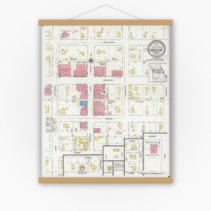 Old map wall art mockup — magnetic wood frame on white wall — Sanborn Fire Insurance Map from Madison, Monroe County, Missouri (1919), Sheet #0001