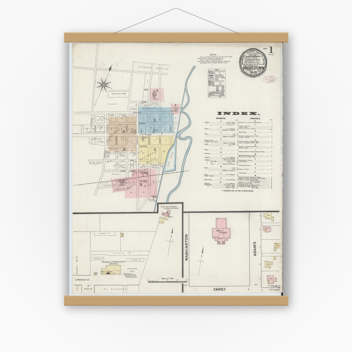 Old map wall art mockup — magnetic wood frame on white wall — Sanborn Fire Insurance Map from Knightstown, Henry County, Indiana (1890), Sheet #0001