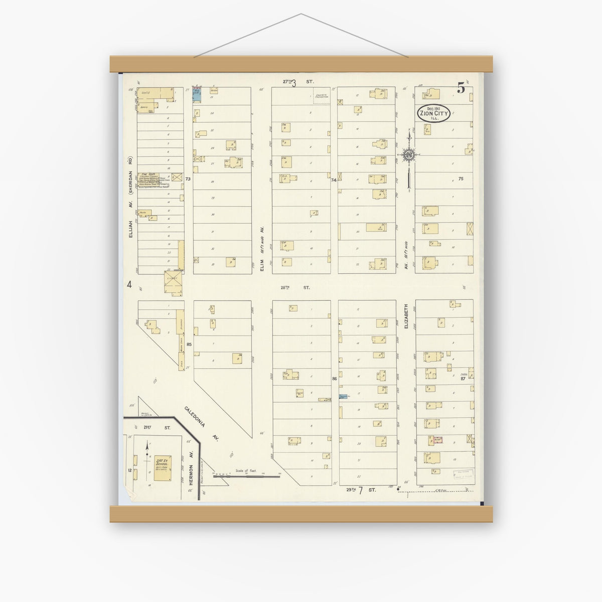 Old map wall art mockup — magnetic wood frame on white wall — Sanborn Fire Insurance Map from Zion, Lake County, Illinois (1911), Sheet #0005