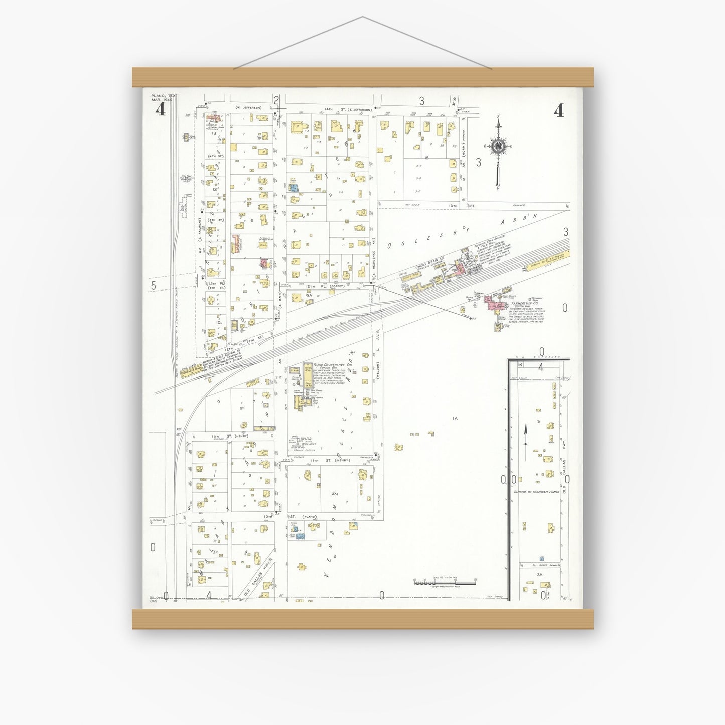 Old map wall art mockup — magnetic wood frame on white wall — Sanborn Fire Insurance Map from Plano, Collin County, Texas (1949), Sheet #0004