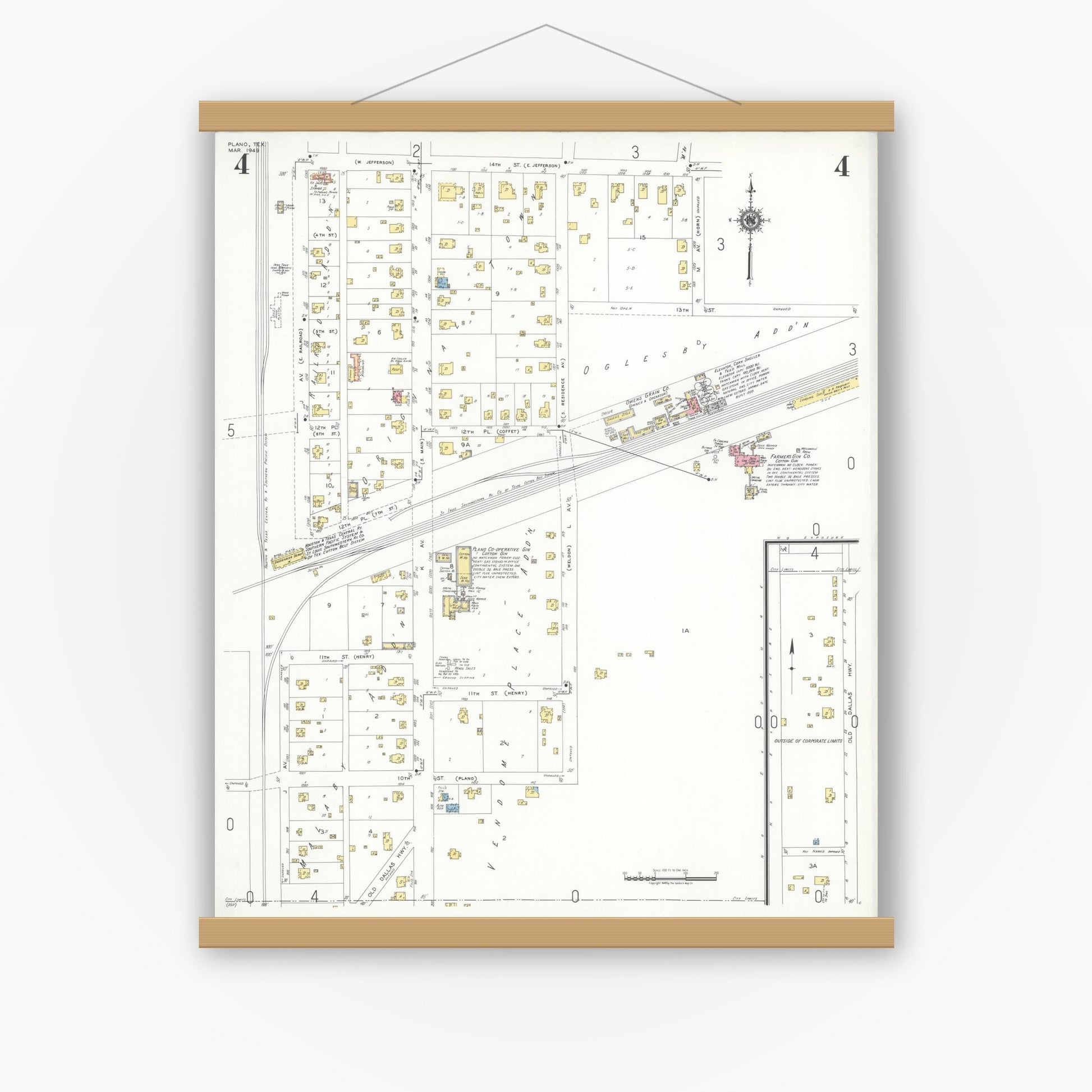 Old map wall art mockup — magnetic wood frame on white wall — Sanborn Fire Insurance Map from Plano, Collin County, Texas (1949), Sheet #0004