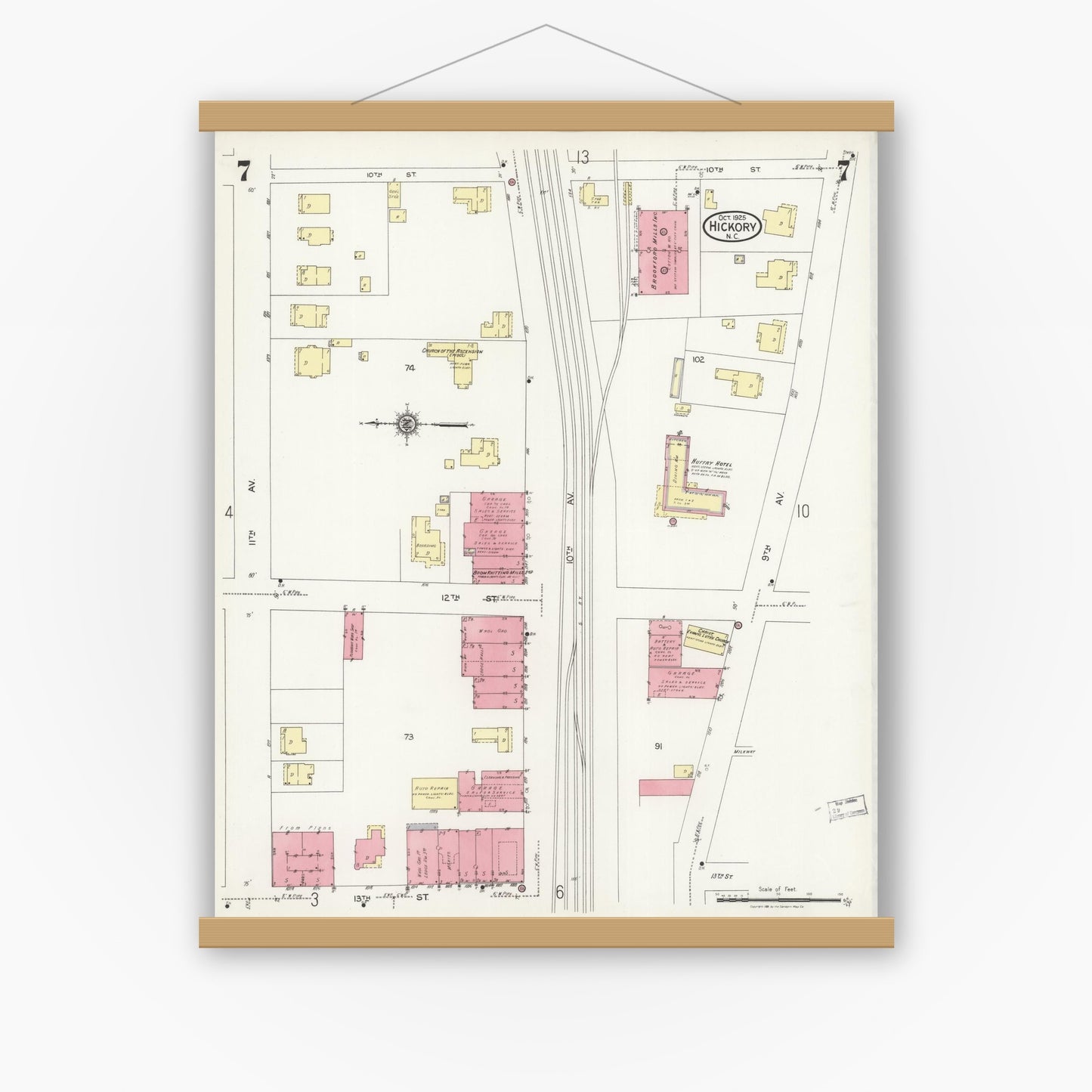 Old map wall art mockup — magnetic wood frame on white wall — Sanborn Fire Insurance Map from Hickory, Catawba County, North Carolina (1925), Sheet #0007
