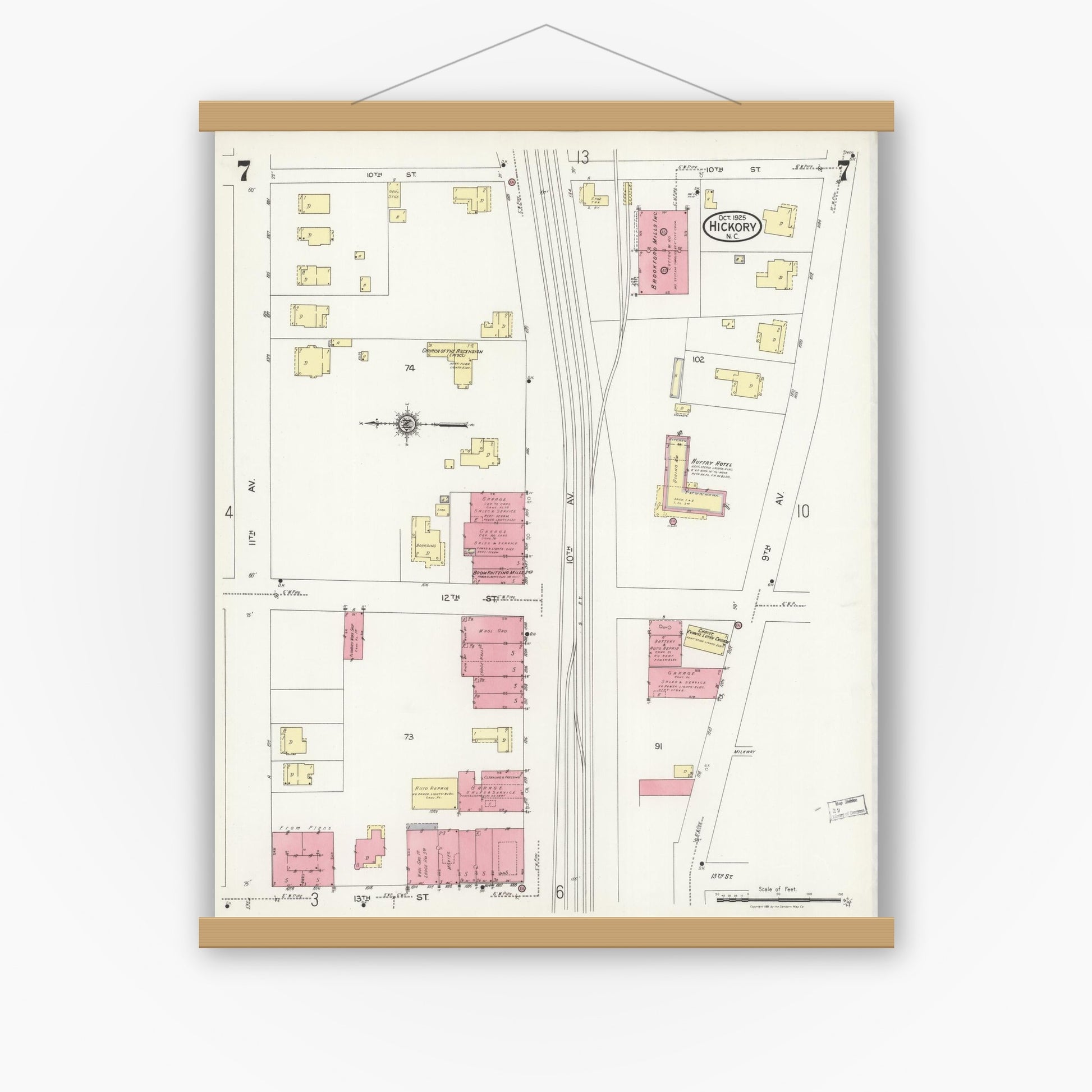 Old map wall art mockup — magnetic wood frame on white wall — Sanborn Fire Insurance Map from Hickory, Catawba County, North Carolina (1925), Sheet #0007