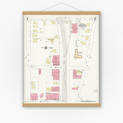 Old map wall art mockup — magnetic wood frame on white wall — Sanborn Fire Insurance Map from Hickory, Catawba County, North Carolina (1925), Sheet #0007