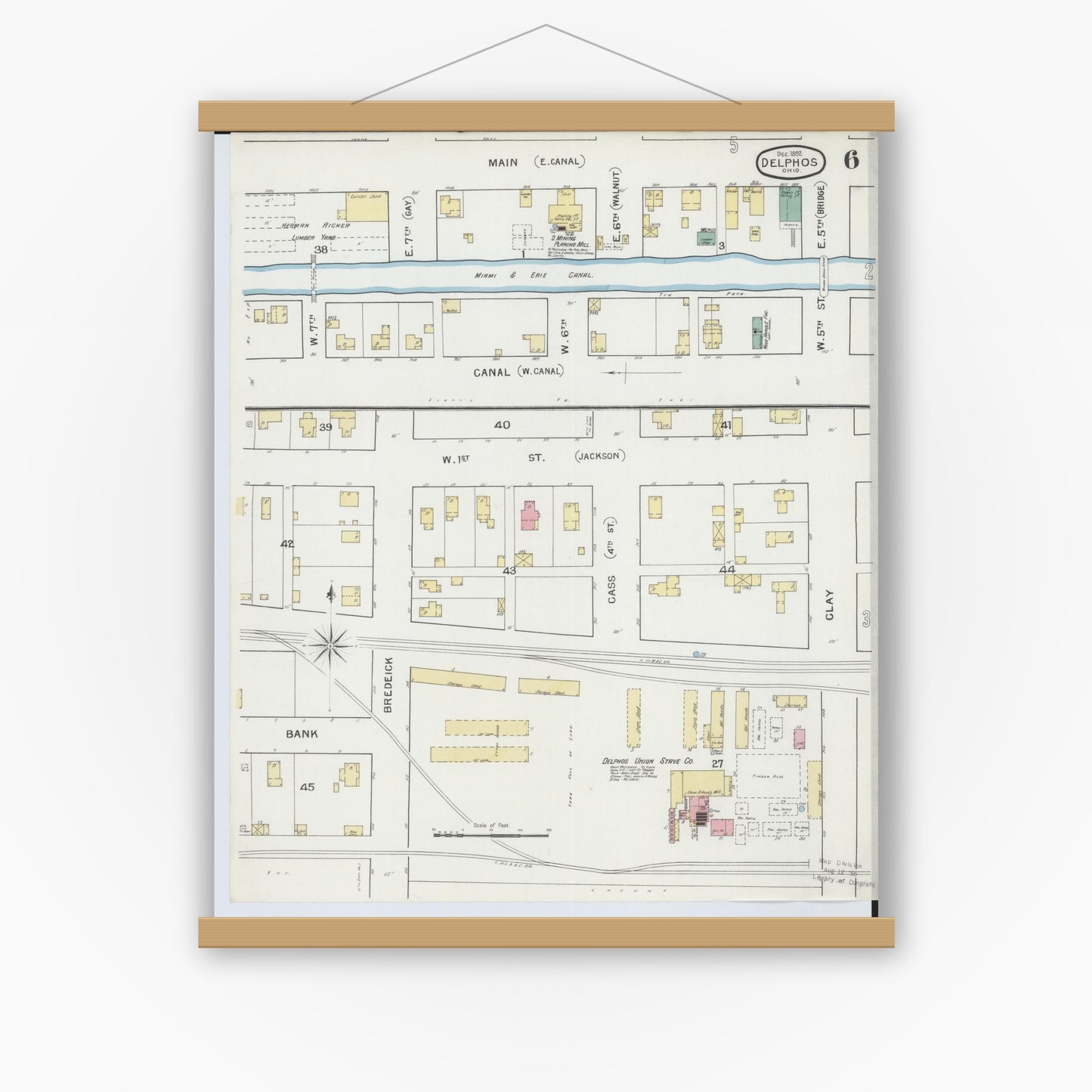 Old map wall art mockup — magnetic wood frame on white wall — Sanborn Fire Insurance Map from Delphos, Van Wert And Allen Counties, Ohio (1892), Sheet #0006
