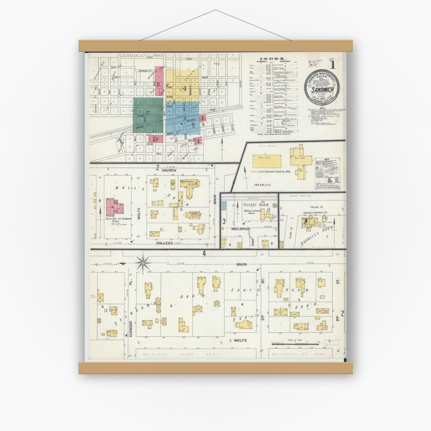 Old map wall art mockup — magnetic wood frame on white wall — Sanborn Fire Insurance Map from Sandwich, De Kalb County, Illinois (1902) - Complete Map Set