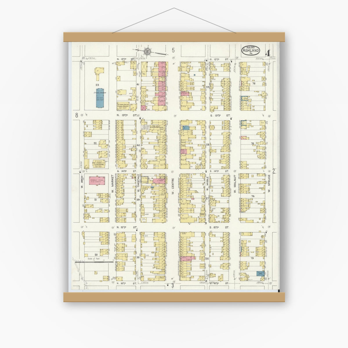 Old map wall art mockup — magnetic wood frame on white wall — Sanborn Fire Insurance Map from Ashland, Schuylkill County, Pennsylvania (1913), Sheet #0004