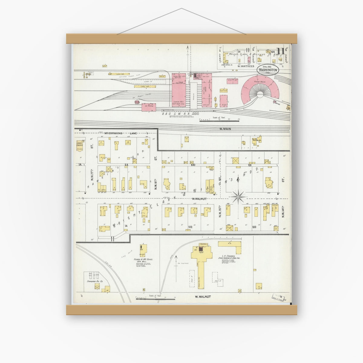 Old map wall art mockup — magnetic wood frame on white wall — Sanborn Fire Insurance Map from Washington, Daviess County, Indiana (1902), Sheet #0011