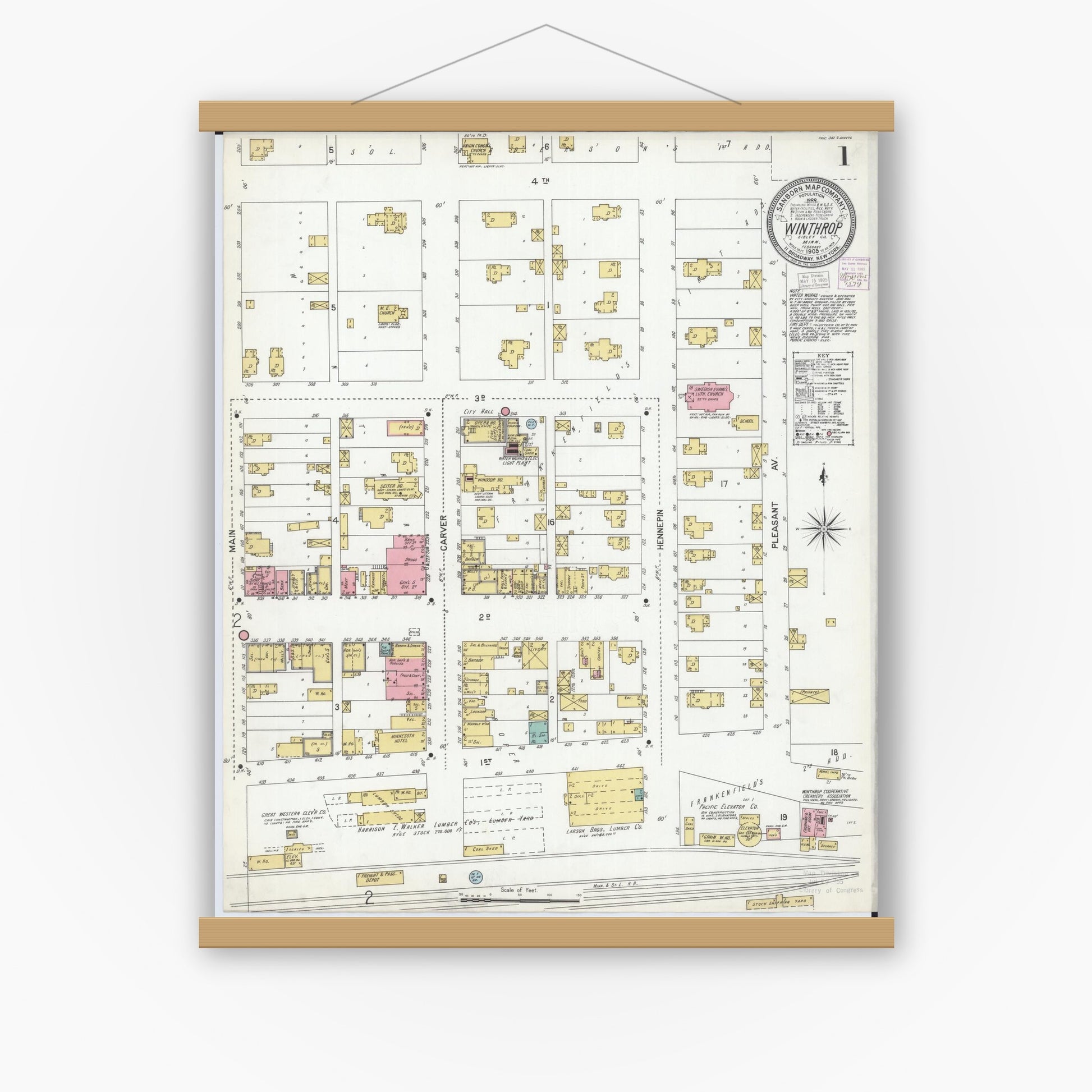 Old map wall art mockup — magnetic wood frame on white wall — Sanborn Fire Insurance Map from Winthrop, Sibley County, Minnesota (1905) - Complete Map Set