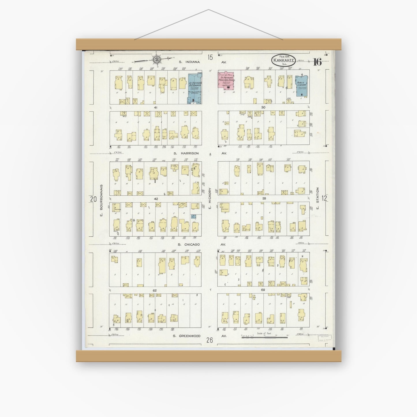 Old map wall art mockup — magnetic wood frame on white wall — Sanborn Fire Insurance Map from Kankakee, Kankakee County, Illinois (1914), Sheet #0016