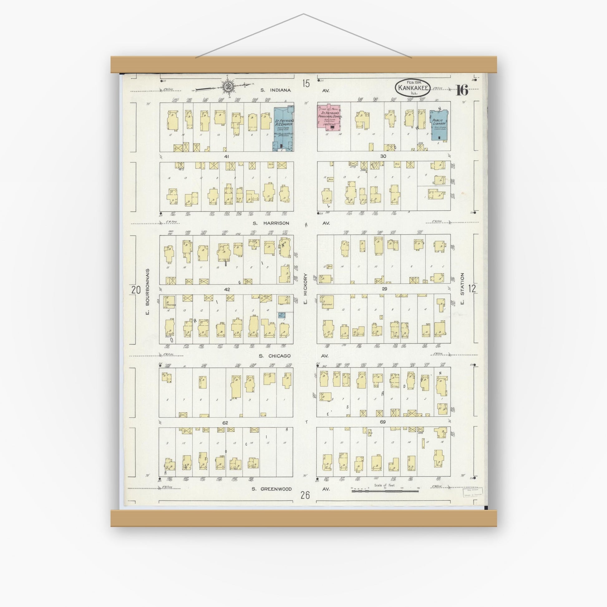 Old map wall art mockup — magnetic wood frame on white wall — Sanborn Fire Insurance Map from Kankakee, Kankakee County, Illinois (1914), Sheet #0016