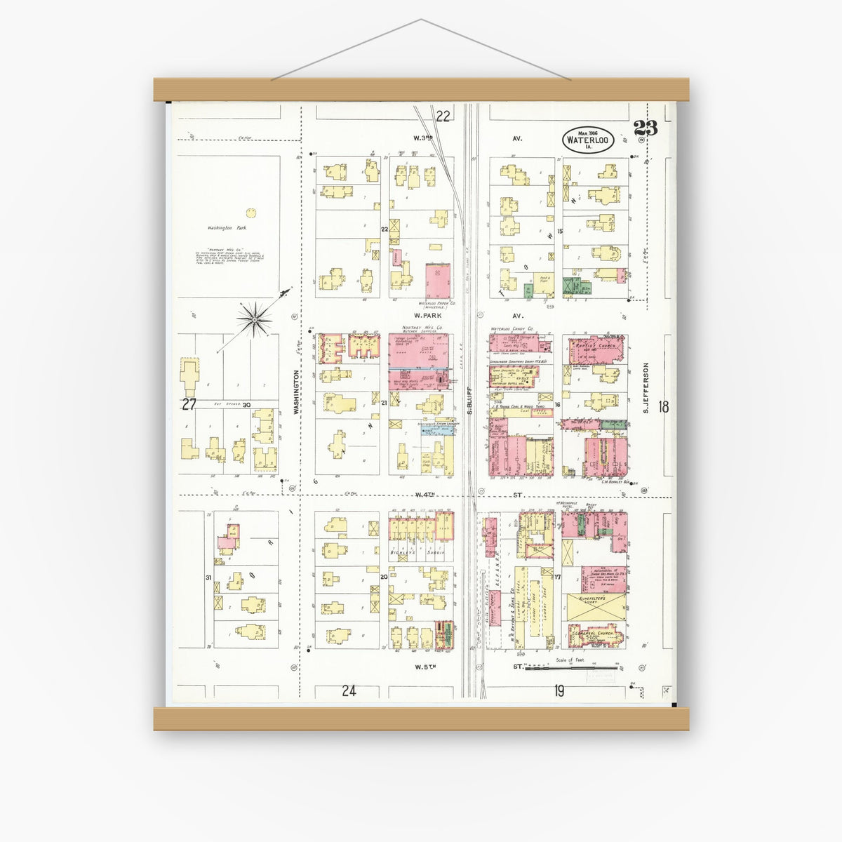 Old map wall art mockup — magnetic wood frame on white wall — Sanborn Fire Insurance Map from Waterloo, Black Hawk County, Iowa (1906), Sheet #0023
