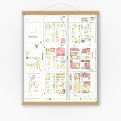 Old map wall art mockup — magnetic wood frame on white wall — Sanborn Fire Insurance Map from Waterloo, Black Hawk County, Iowa (1906), Sheet #0023