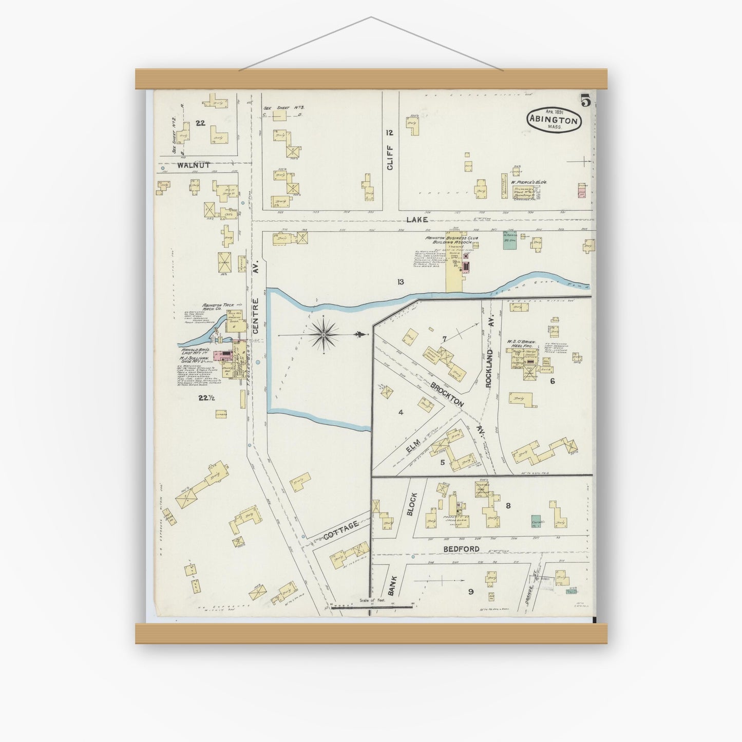 Old map wall art mockup — magnetic wood frame on white wall — Sanborn Fire Insurance Map from Abington, Plymouth County, Massachusetts (1891), Sheet #0005
