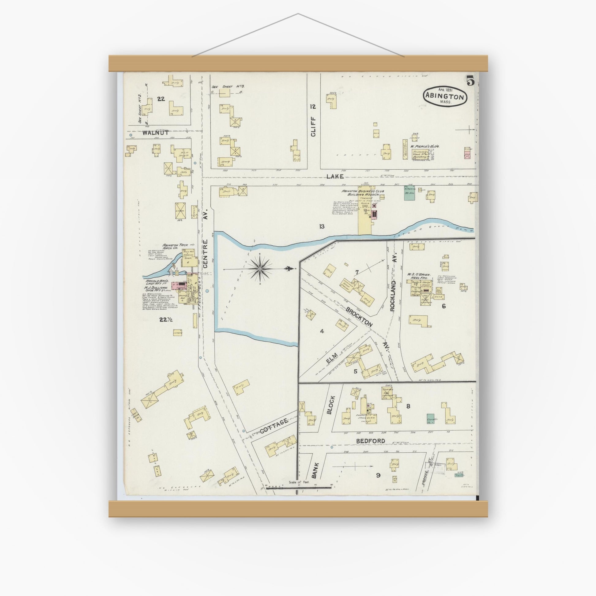 Old map wall art mockup — magnetic wood frame on white wall — Sanborn Fire Insurance Map from Abington, Plymouth County, Massachusetts (1891), Sheet #0005