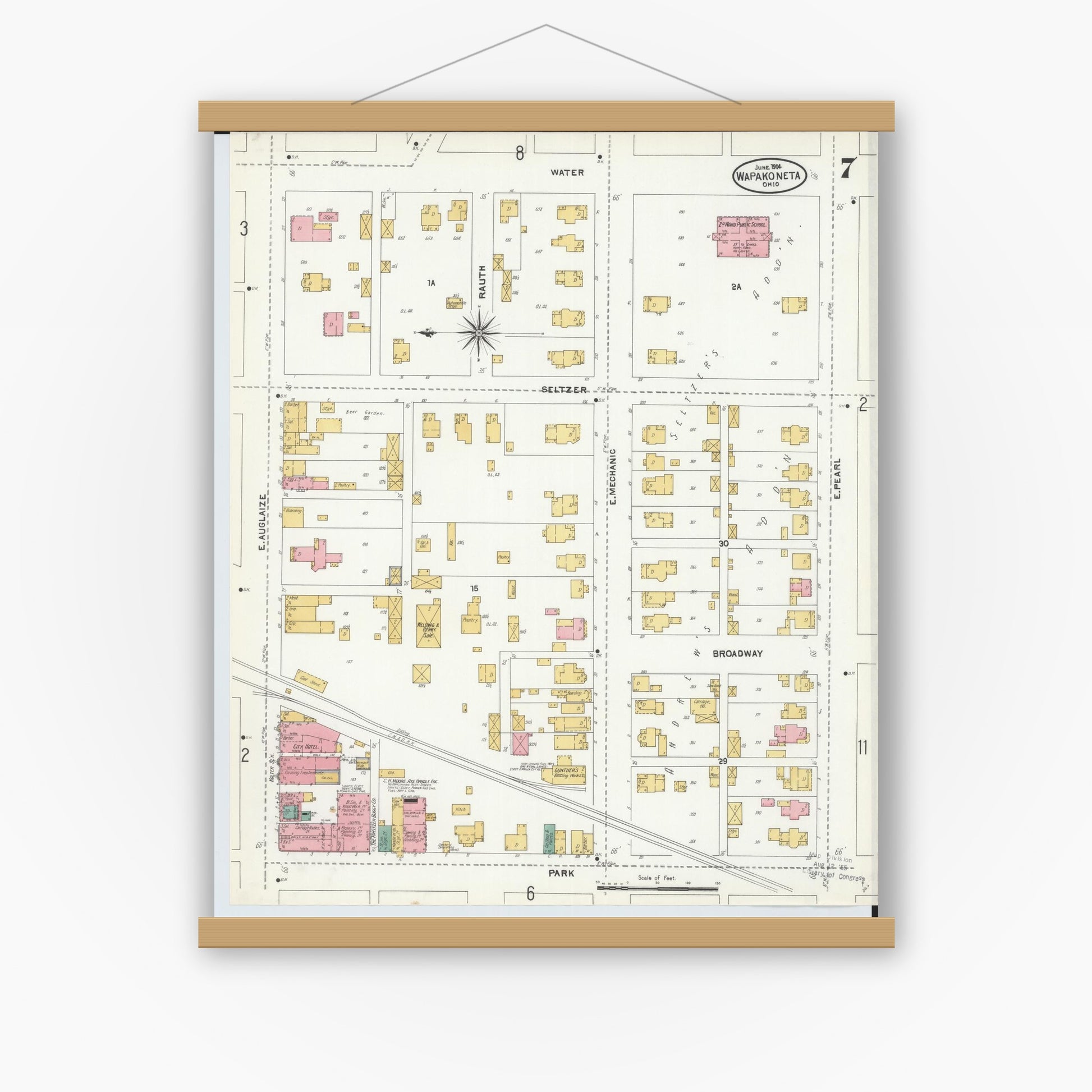 Old map wall art mockup — magnetic wood frame on white wall — Sanborn Fire Insurance Map from Wapakoneta, Auglaize County, Ohio (1904), Sheet #0007