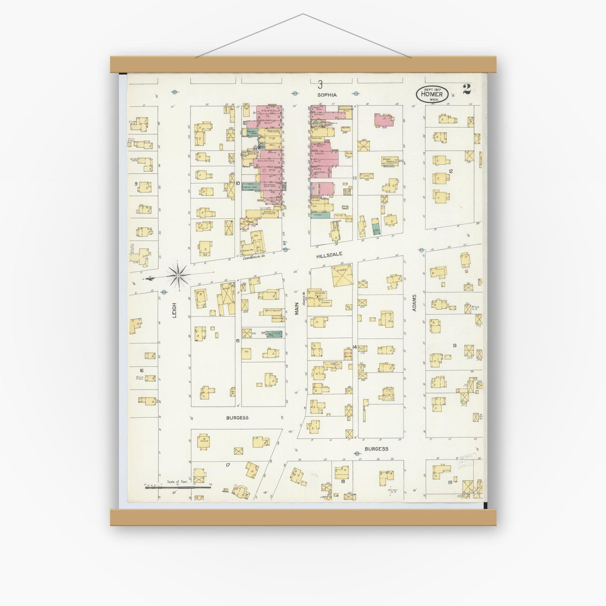 Old map wall art mockup — magnetic wood frame on white wall — Sanborn Fire Insurance Map from Homer, Calhoun County, Michigan (1907), Sheet #0002