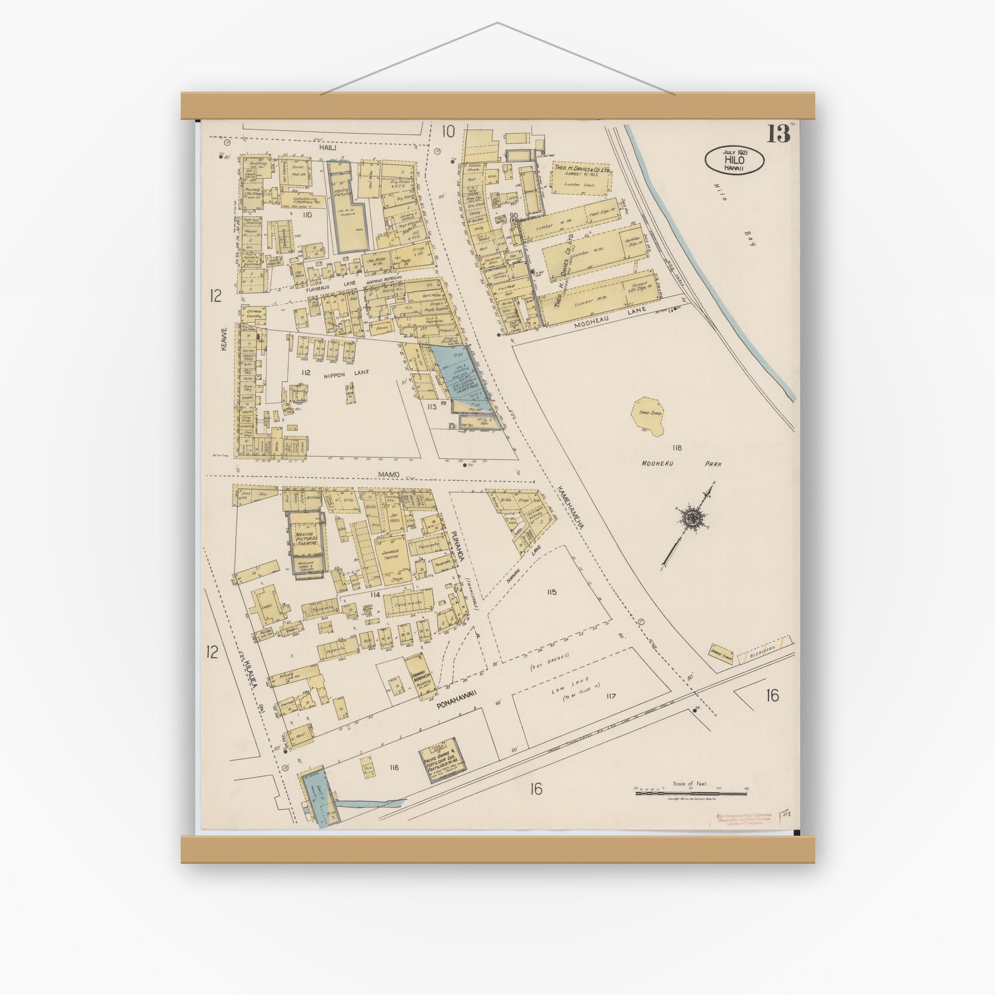 Old map wall art mockup — magnetic wood frame on white wall — Sanborn Fire Insurance Map from Hilo, Hawaii County, Hawaii (1921), Sheet #0013