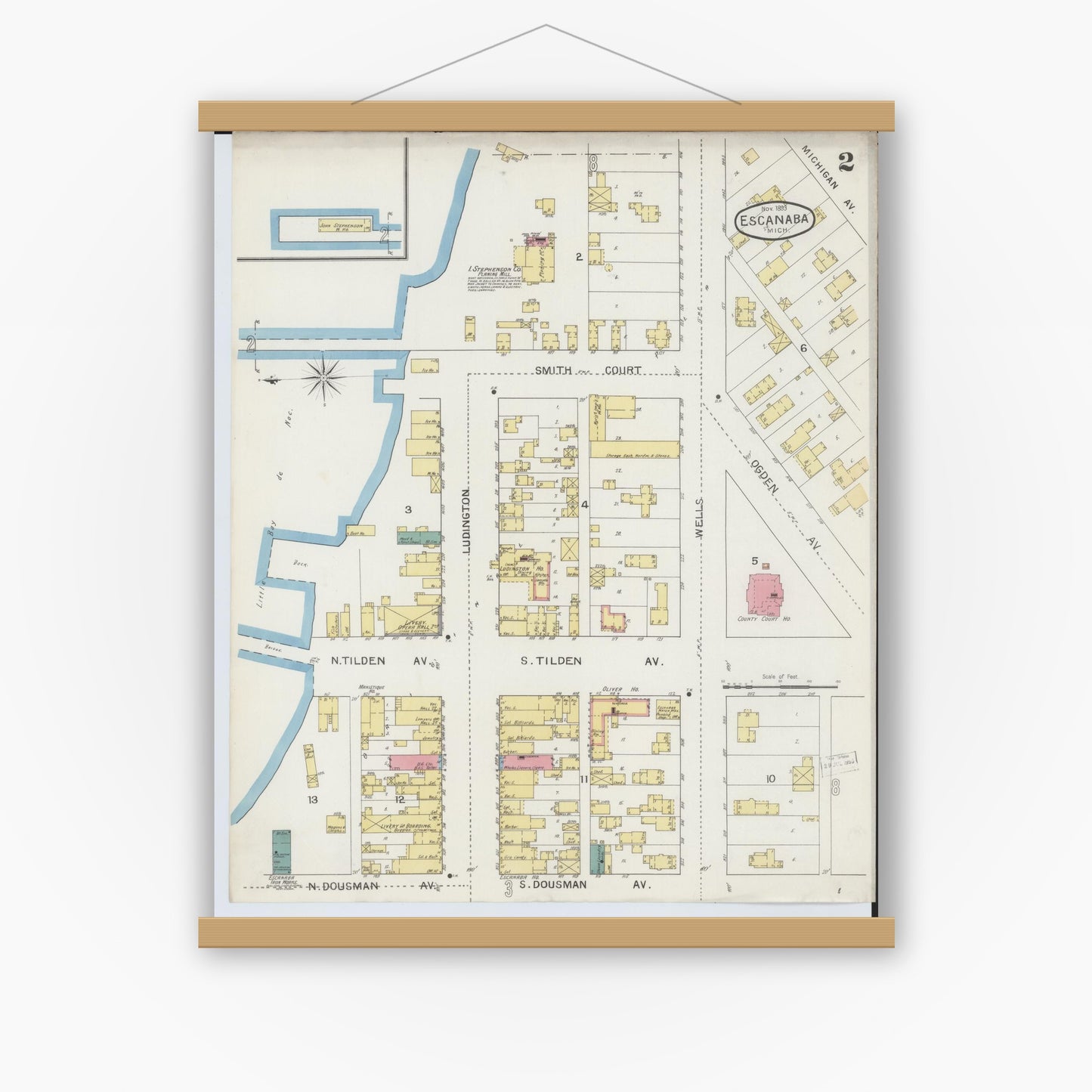 Old map wall art mockup — magnetic wood frame on white wall — Sanborn Fire Insurance Map from Escanaba, Delta County, Michigan (1893), Sheet #0002