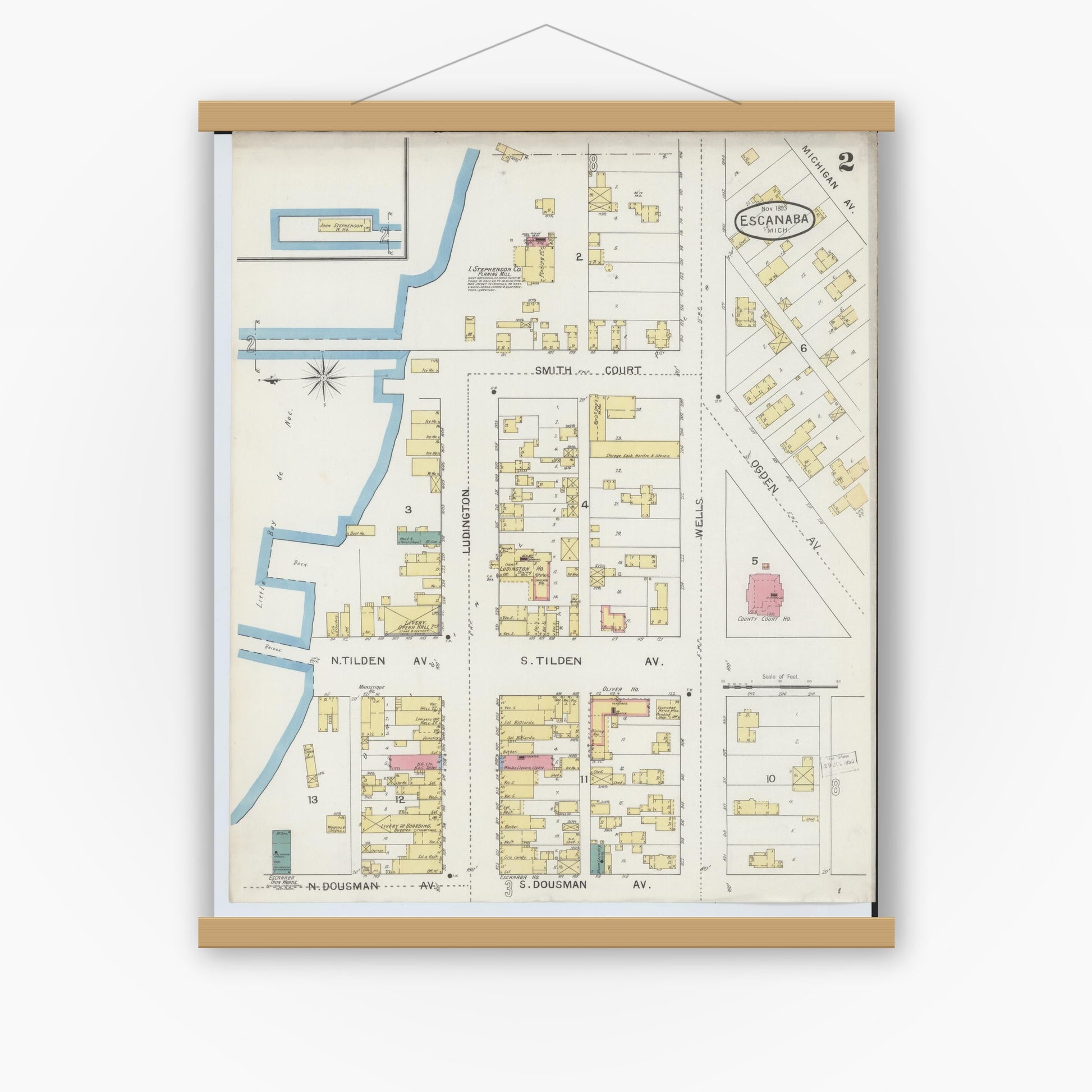 Old map wall art mockup — magnetic wood frame on white wall — Sanborn Fire Insurance Map from Escanaba, Delta County, Michigan (1893), Sheet #0002