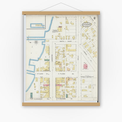 Old map wall art mockup — magnetic wood frame on white wall — Sanborn Fire Insurance Map from Escanaba, Delta County, Michigan (1893), Sheet #0002