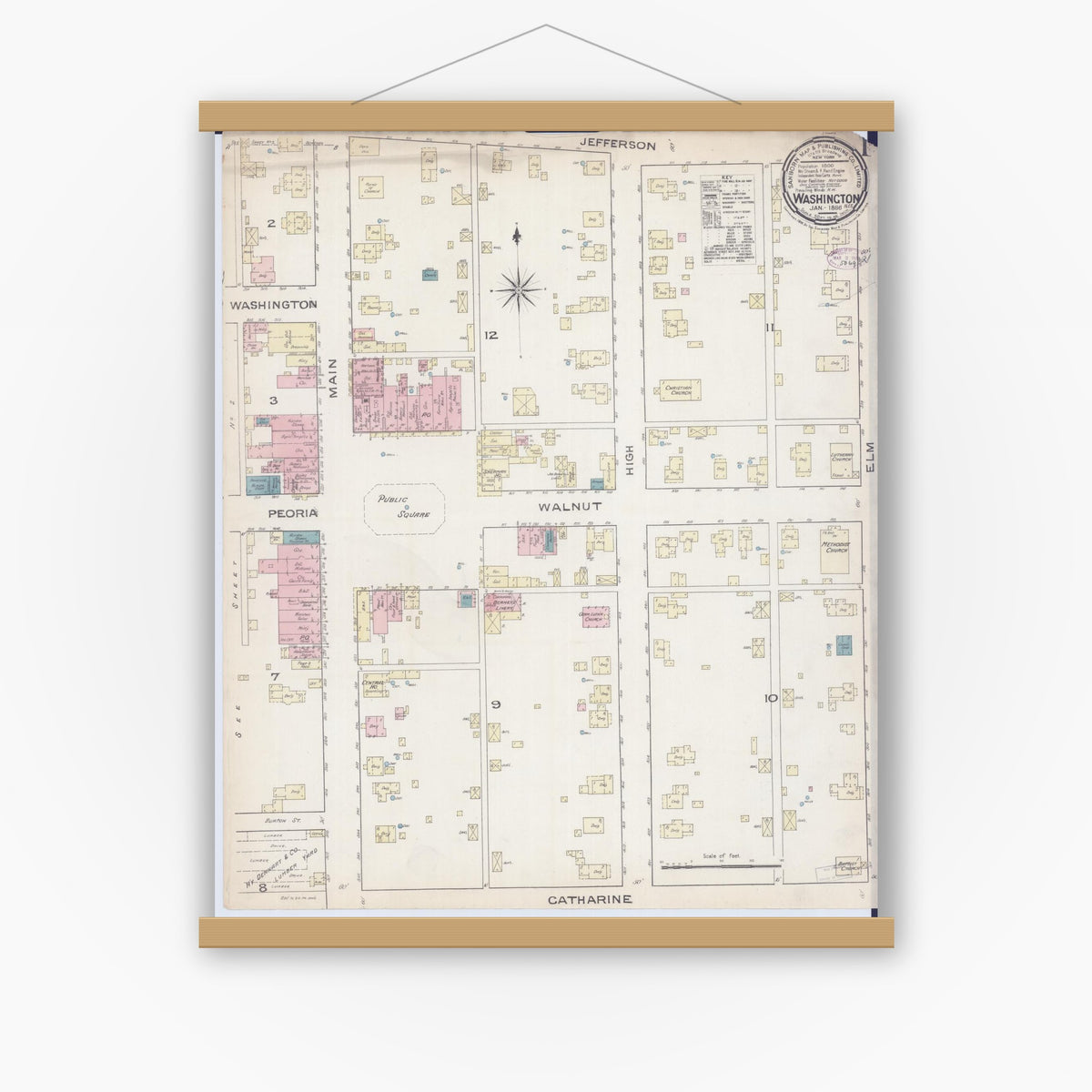 Old map wall art mockup — magnetic wood frame on white wall — Sanborn Fire Insurance Map from Washington, Tazewell County, Illinois (1886), Sheet #0001