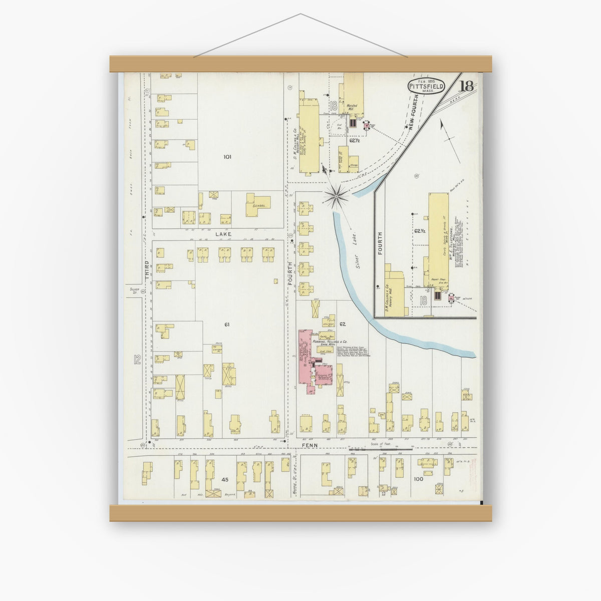 Old map wall art mockup — magnetic wood frame on white wall — Sanborn Fire Insurance Map from Pittsfield, Berkshire County, Massachusetts (1895), Sheet #0018