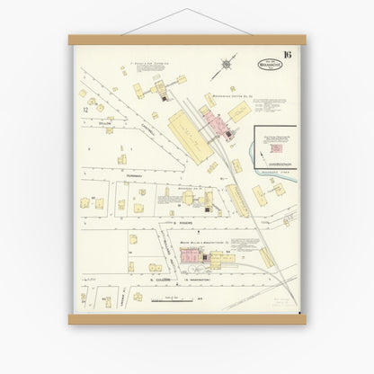 Old map wall art mockup — magnetic wood frame on white wall — Sanborn Fire Insurance Map from Waxahachie, Ellis County, Texas (1914), Sheet #0016