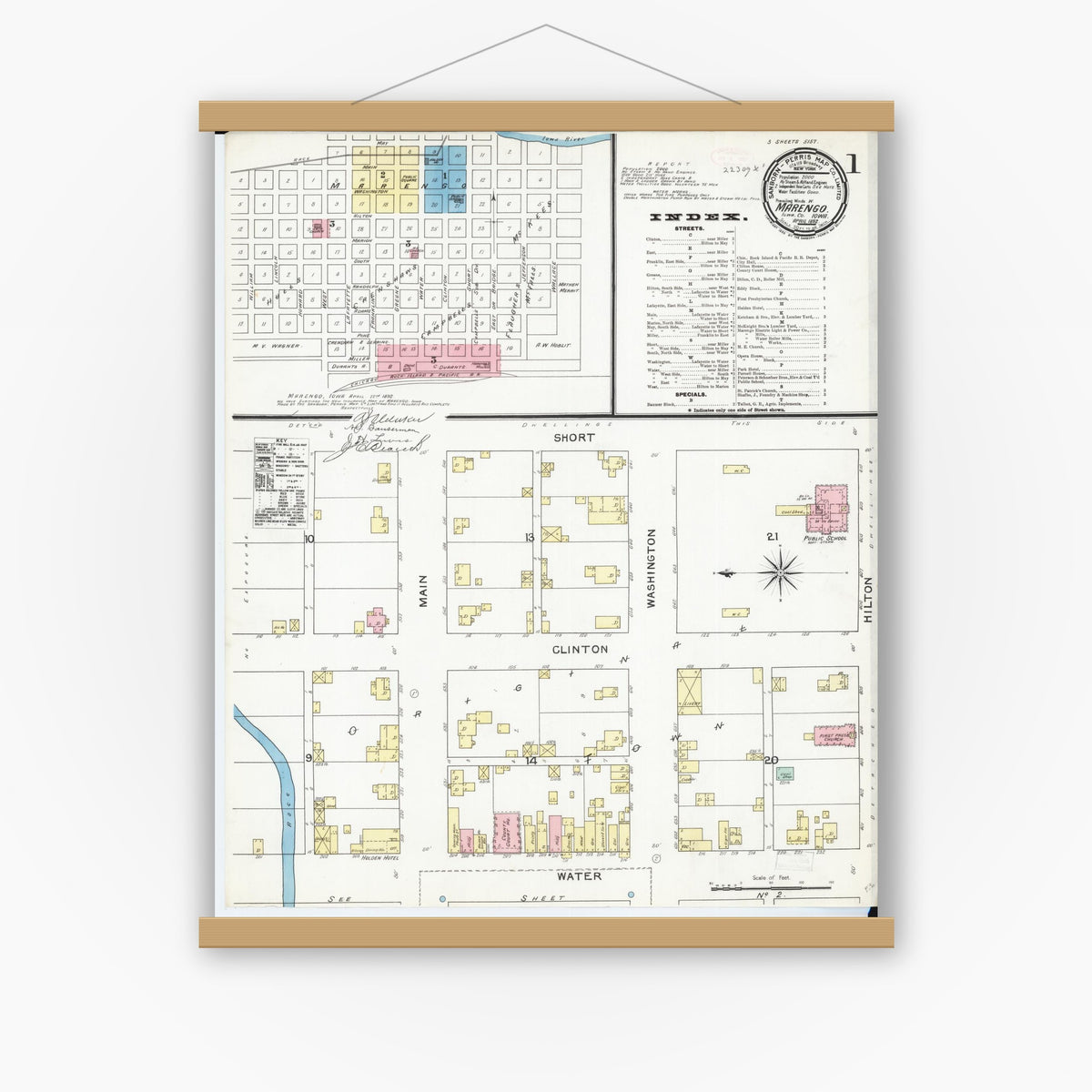 Old map wall art mockup — magnetic wood frame on white wall — Sanborn Fire Insurance Map from Marengo, Iowa County, Iowa (1892), Sheet #0001