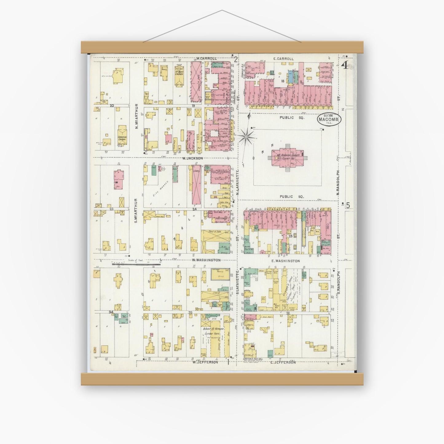 Old map wall art mockup — magnetic wood frame on white wall — Sanborn Fire Insurance Map from Macomb, Mcdonough County, Illinois (1898), Sheet #0004