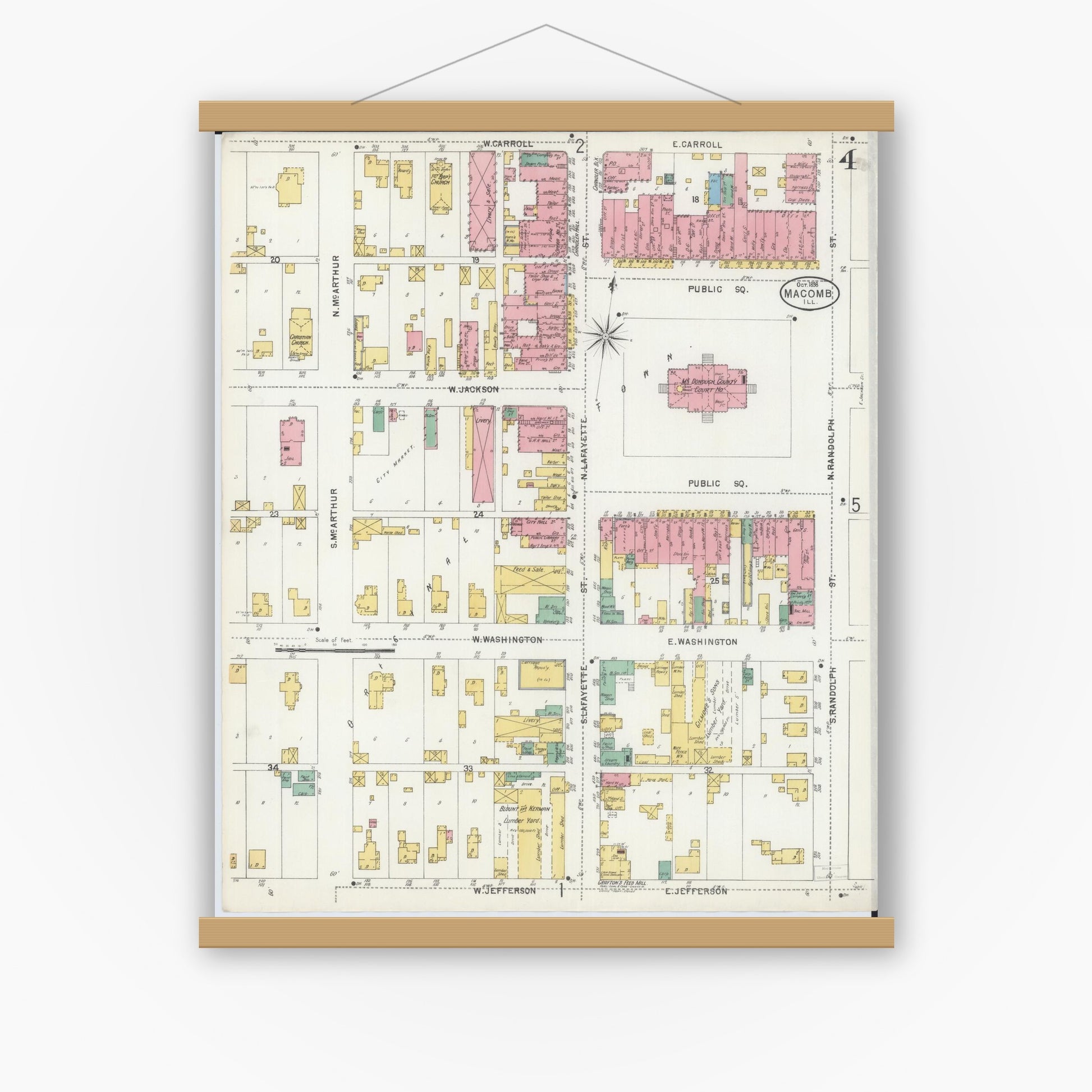 Old map wall art mockup — magnetic wood frame on white wall — Sanborn Fire Insurance Map from Macomb, Mcdonough County, Illinois (1898), Sheet #0004