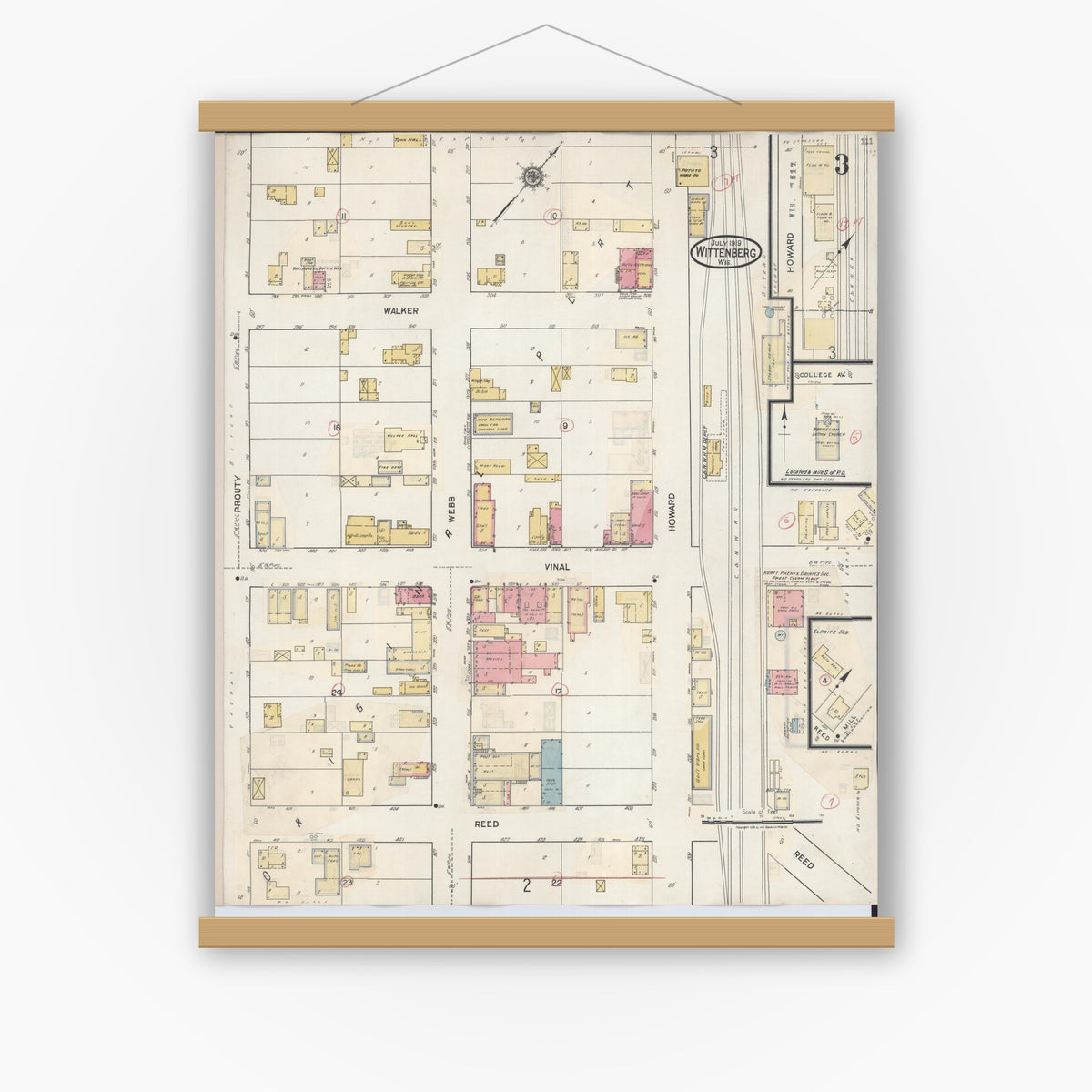 Old map wall art mockup — magnetic wood frame on white wall — Sanborn Fire Insurance Map from Wittenberg, Shawano County, Wisconsin (1939), Sheet #0003