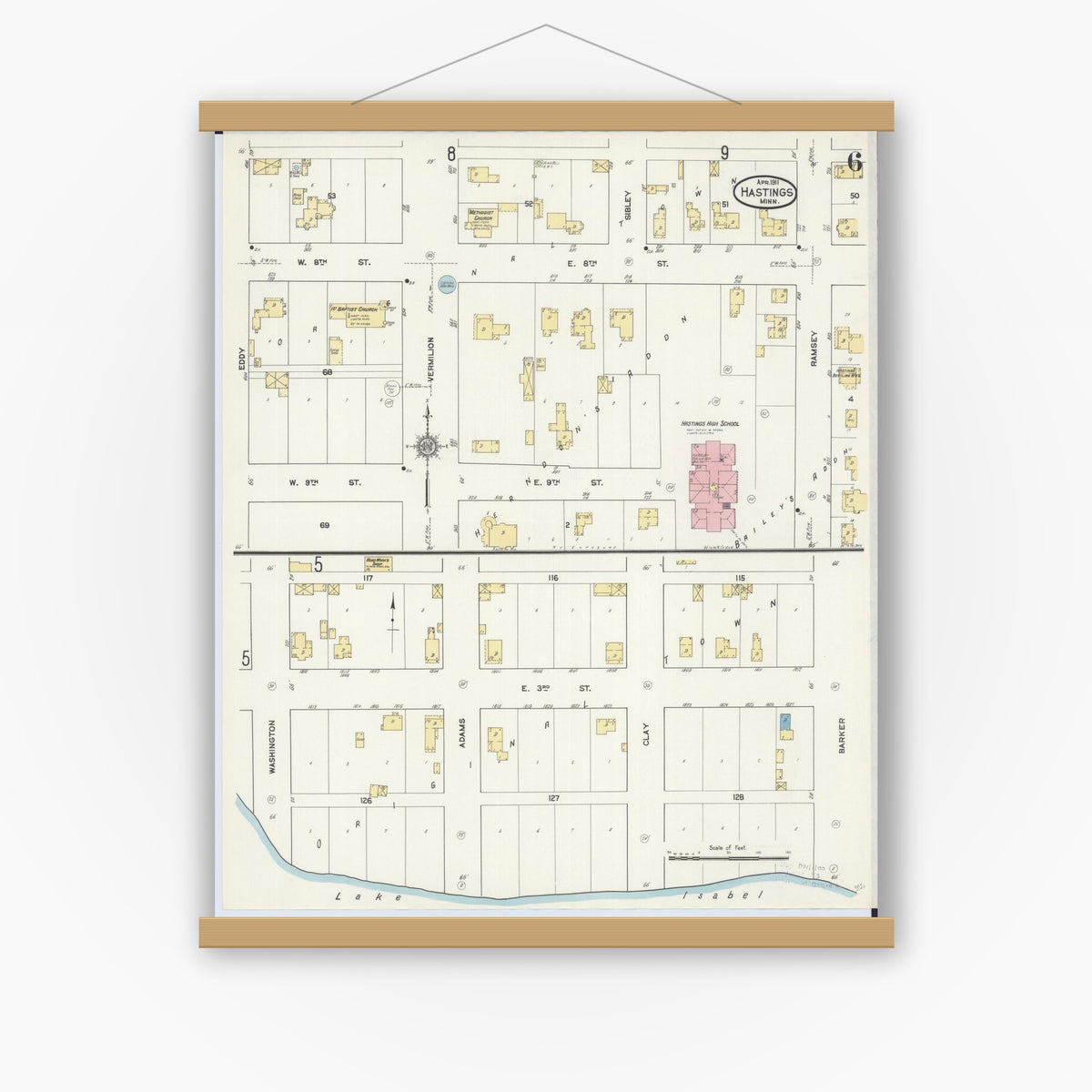 Old map wall art mockup — magnetic wood frame on white wall — Sanborn Fire Insurance Map from Hastings, Dakota County, Minnesota (1911), Sheet #0006