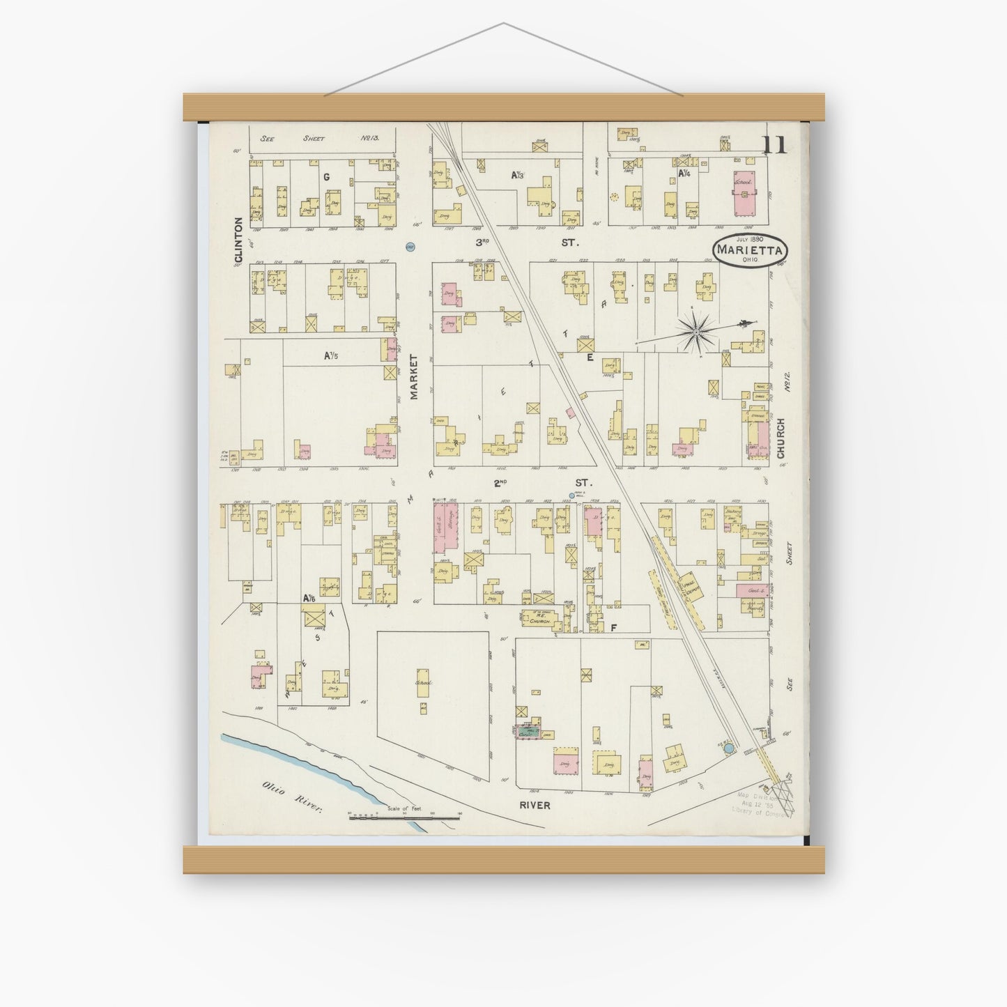 Old map wall art mockup — magnetic wood frame on white wall — Sanborn Fire Insurance Map from Marietta, Washington County, Ohio (1890), Sheet #0011