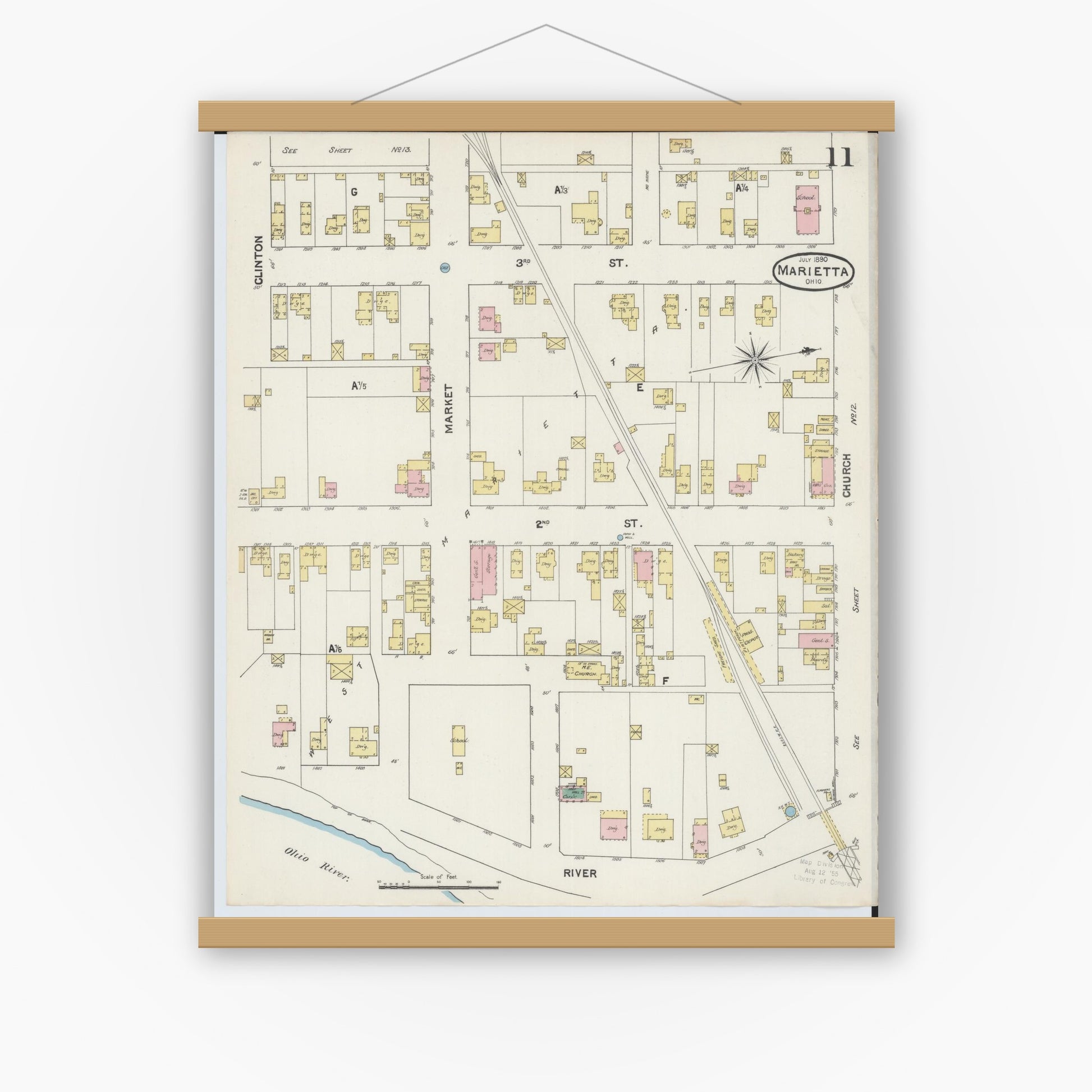 Old map wall art mockup — magnetic wood frame on white wall — Sanborn Fire Insurance Map from Marietta, Washington County, Ohio (1890), Sheet #0011