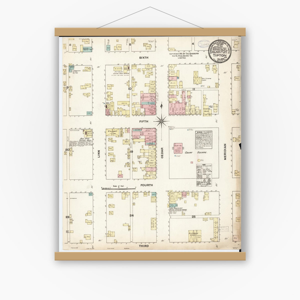 Old map wall art mockup — magnetic wood frame on white wall — Sanborn Fire Insurance Map from Tipton, Cedar County, Iowa (1883), Sheet #0001